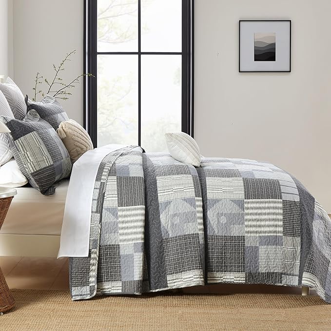 Homzard Quilt King Size - Grey Cotton Quilt Bedding Set,Gray White Plaid Comforter Set, Farmhouse Bedspread for King Size Bedding (106 * 98 Inches),3 Piece