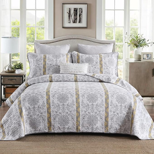 Homzard Quilts Queen Size - Cotton Comforter Set,White Grey Yellow Striped Quilt Bedspread Set,Paisley Bedding Queen Size and Two Pillow Shams