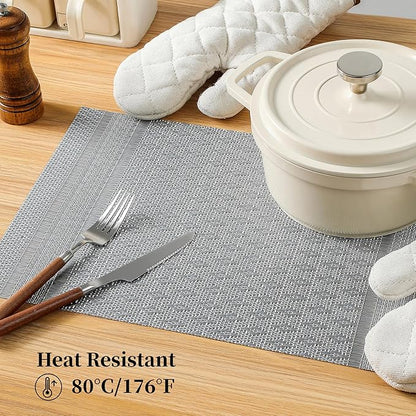 Leetaltree Lunar Grey Placemats Set of 12 - Heat Resistant Non-Slip Place mats for Dining Table, Washable Durable PVC Vinyl Woven Table Mats（Lunar Grey, 12）