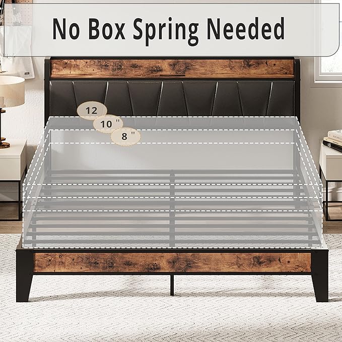 LIKIMIO Full Size Bed Frame, Storage Headboard with Charging Station, Solid and Stable, Noise Free, No Box Spring Needed, Easy Assembly (Vintage and Black)