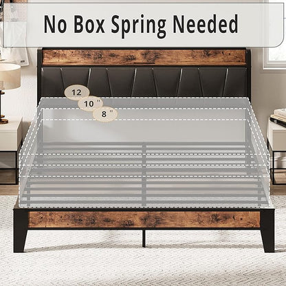 LIKIMIO Full Size Bed Frame, Storage Headboard with Charging Station, Solid and Stable, Noise Free, No Box Spring Needed, Easy Assembly (Vintage and Black)