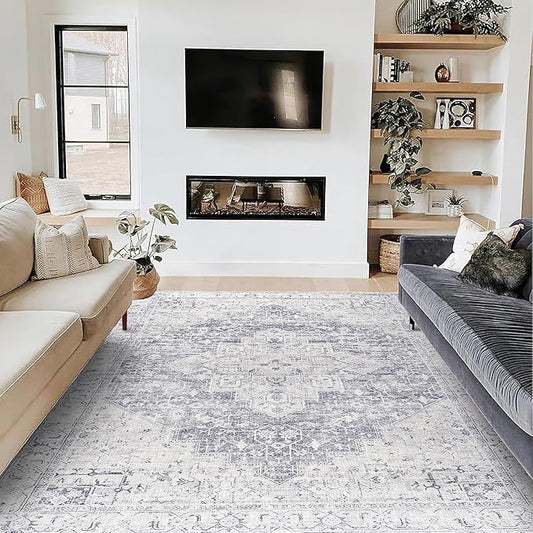 Cream and Slate Grey Area Rug 6x9 for Bedroom Living Room Floor Washable Boho Pattern Geometric Rug to Match Gray Couch for Dining Room, 6 x 9