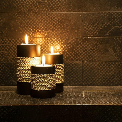 IYARA CRAFT Tealight Candle Holders with Tray – Set of 3 Handmade Wooden Candle Holders with Natural Rope Accent – Rustic Black Decor for Table Centerpiece, Office or Gift