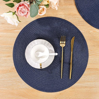 SHACOS Round Placemats Set of 4 Washable 15 inch Round Table Mats Cotton Polyester Woven Braided Place Mats for Dining Table, Navy