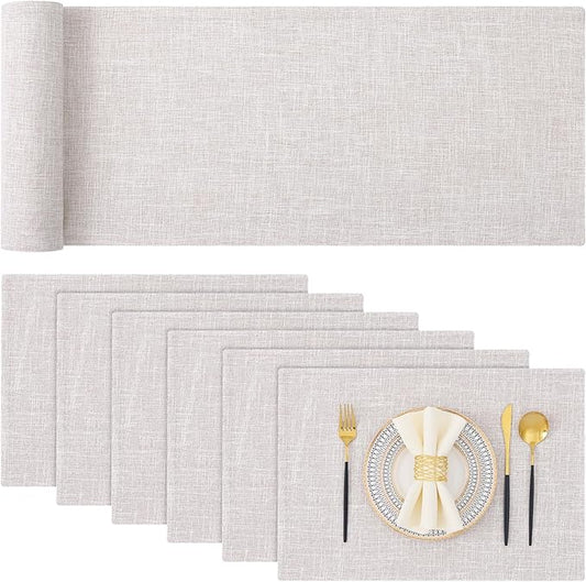 homing Cotton Linen Placemats Set of 6 and Table Runner 90" Long, Neutral Beige Washable Cloth Place Mats with Table Runner for Indoors & Outdoors, Easy to Clean