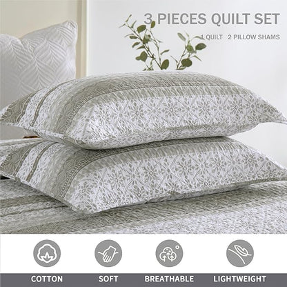 Homzard Quilts Queen Size,Grey White Snowflake Striped Quilt Bedspread Set,Cotton Boho Gray Comforter Set, Lightweight Comforter Queen Size (90 * 98 inches) and 2 Pillow Shams