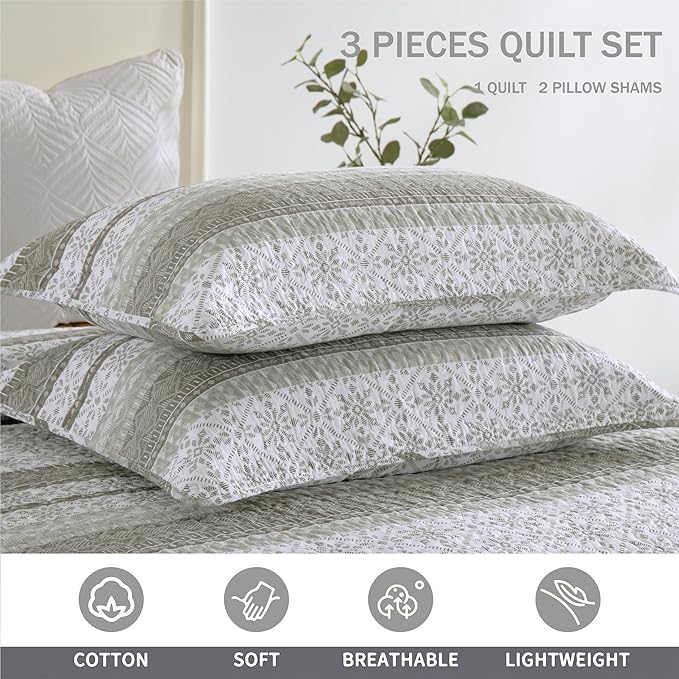 Homzard King Size Quilt Set, Grey White Snowflake Striped Comforter Set,Cotton Gray Bedspread King Size, Lightweight Comforter Fall Bedding 3 Piece All Season