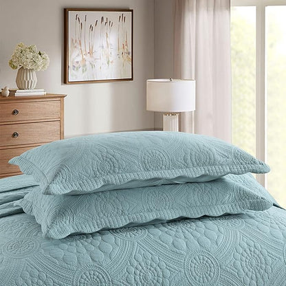 MarCielo 3-Piece 100% Cotton Oversized Bedspread Lightweight Quilt Coverlet Embroidery Farmhouse Bedding (Tf Aruba Blue, Oversized Queen (100"x106"))