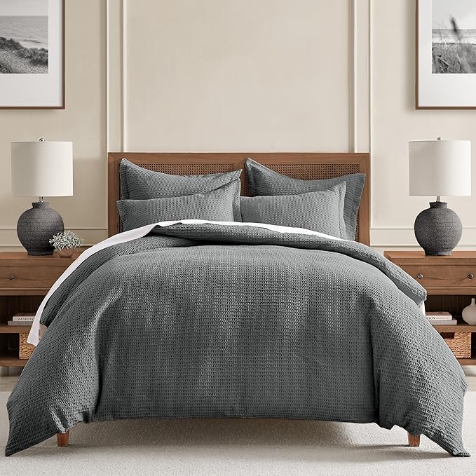 Levtex Home - Cloud Waffle Comforter Set - King Comforter + Two King Pillow Cases - Waffle Weave - Charcoal - Comforter (106 x 94in.) and Pillow Case (36 x 20in.) - Cotton