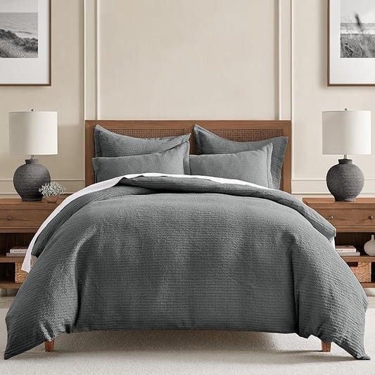 Levtex Home - Cloud Waffle Comforter Set - King Comforter + Two King Pillow Cases - Waffle Weave - Charcoal - Comforter (106 x 94in.) and Pillow Case (36 x 20in.) - Cotton