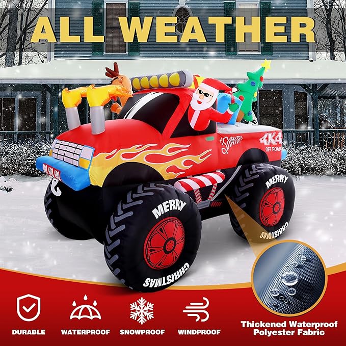 8 FT Long Santa in Monster Truck Christmas Inflatables Outdoor Decorations, Christmas Blow Up Santa Claus Yard Decorations for Garden Lawn Xmas Decor