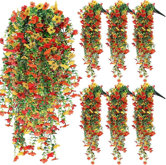 6 Pcs Artificial Fall Hanging Flowers Outdoor Silk Mum Plants Autumn Decor Faux Violet with Eucalyptus Realistic UV Resistant Trailing Vine Thanksgiving Porch Yard(Bright Color,Violet)