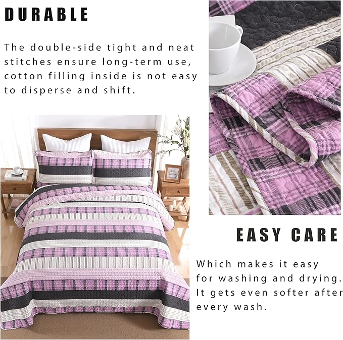 Homzard Queen Comforter Set，Cotton Quilts Queen Size，Pink Black Beige Bedding，Plaid Striped Bedspread，Lightweight Reversible Coverlet All Season 3 Pieces