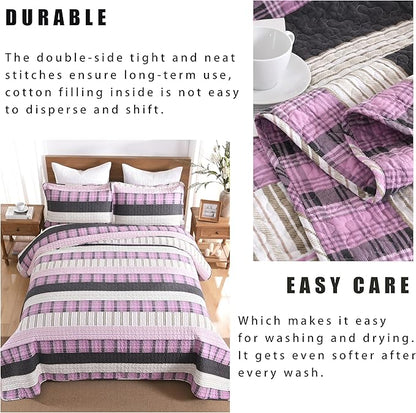 Homzard Queen Comforter Set，Cotton Quilts Queen Size，Pink Black Beige Bedding，Plaid Striped Bedspread，Lightweight Reversible Coverlet All Season 3 Pieces