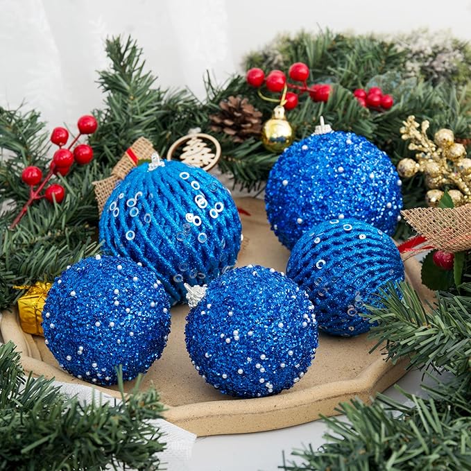 6pcs 3.94" Christmas Ball Ornaments Glitter Shatterproof Christmas Tree Ornaments Sequin Xmas Hanging Balls Decorations for Wedding Party Holiday(Sapphire, 6pc-10cm)