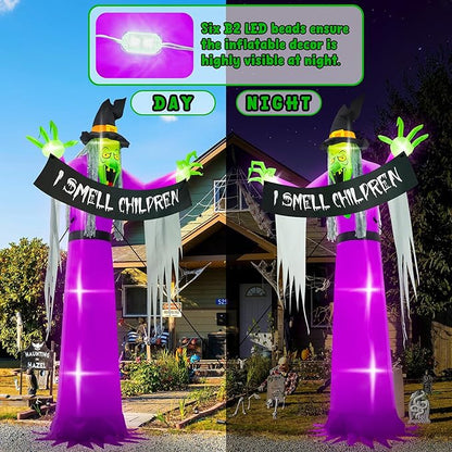 13FT Halloween Outdoor Inflatables, Scary Blow Up Witch Holding I Smell Children Banner, Pre-lit Witch Inflatables Decor, Giant Halloween Outdoor Decorations for Party Garden Lawn