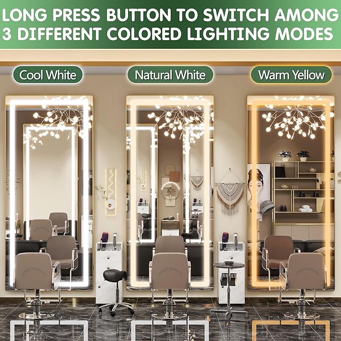 FENNIO Full Length Mirror with Lights, 80" x 36" LED Full Body Mirror, Oval Wall Mounted Hanging Mirror with Lights for Bedroom, Salon, 3 Color Lighting, Tempered Glass