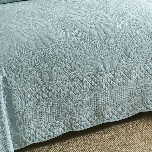 MarCielo 3-Piece 100% Cotton Oversized Bedspread Lightweight Quilt Coverlet Embroidery Farmhouse Bedding (Tf Aruba Blue, Oversized Queen (100"x106"))