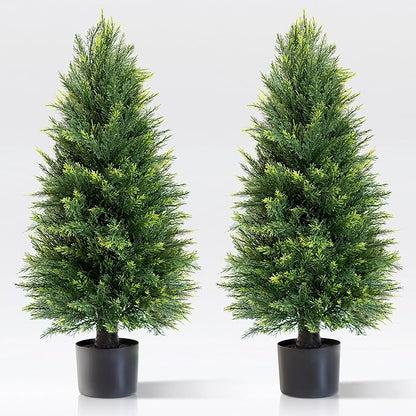 Set of 2 Artificial Cedar Topiary Trees, 3 FT Tall | UV-Resistant for Outdoor & Indoor Use | Lifelike Fake Plants for Front Porch, Patio & Office Decor