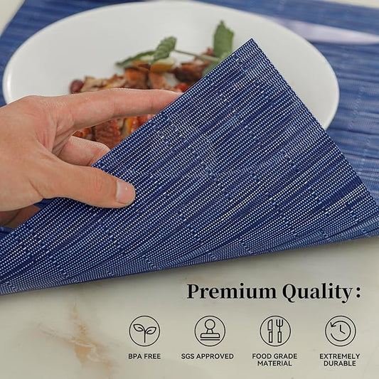 Leetaltree Blue Placemats Set of 6 - Heat Resistant Non-Slip Place mats for Dining Table, Washable Durable PVC Vinyl Woven Table Mats（Blue, 6）