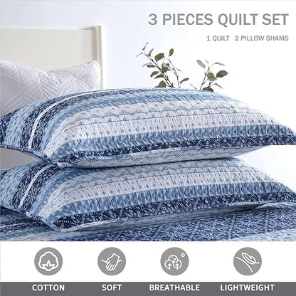 Homzard Quilts Queen Size,Blue White Snowflake Striped Quilt Bedspread Set,Cotton Boho Blue Comforter Set, Lightweight Comforter Queen Size (90 * 98 inches) and 2 Pillow Shams
