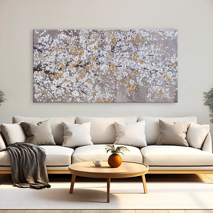 Large Botanical Wall Art Floral Canvas Landscape Wall Art Textured Picture Abstract Botanical Modern Gold White Print Artwork For Living Room Bedroom Office Home Decor 30"X60"