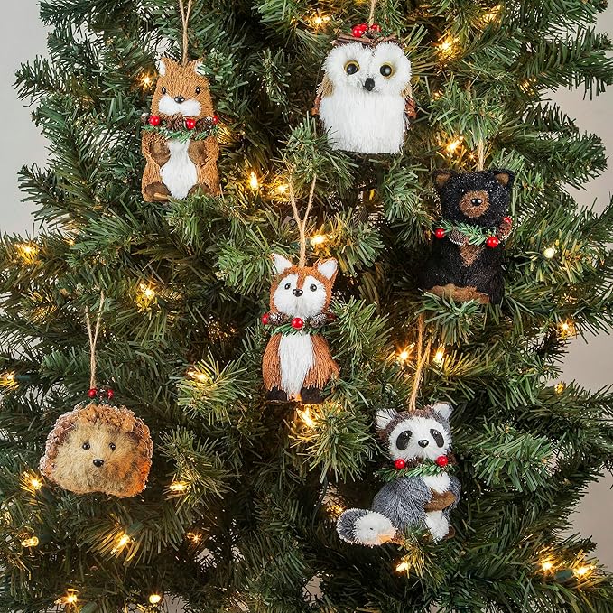naturevibe Sisal Woodland Animals Christmas Tree Ornaments,Set of 6 Natural Forest Friends with Gift Boxes for Presents,Ornaments Animals as Rustic Home Decorations