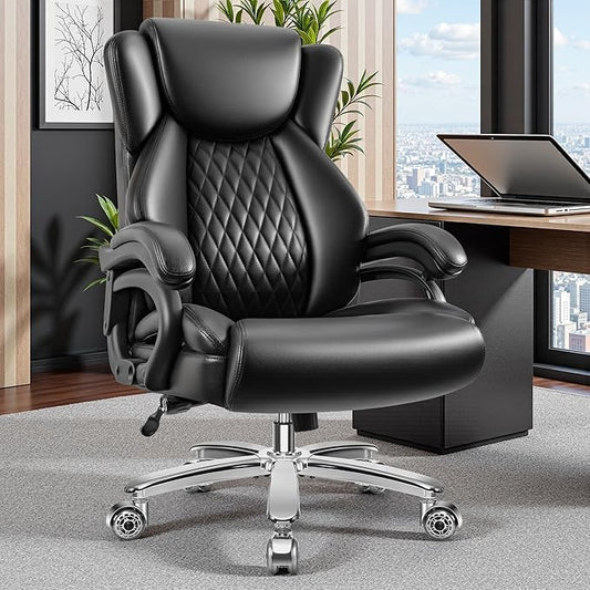 Big and Tall Office Chair, 500lbs Capacity, Black Leather, High Back, Extra Wide Seat, Ergonomic, Adjustable Lumbar Support, Metal Base & Wheels, Black