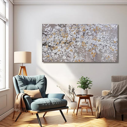 Botanical Wall Art Wall Decor Gold WhiteTree Flower Modern Canvas Art Print Abstract Artwork Pictures For Living Room Bedroom Bathroom Office Home Decor Can Be Hung Directly 24"X 48"