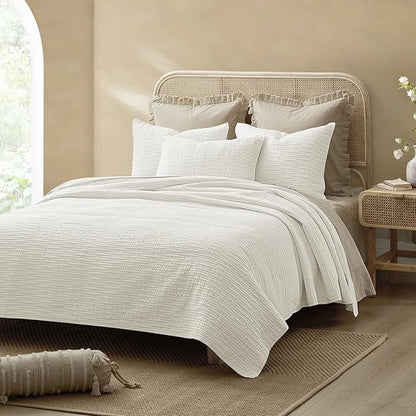 Wonderful Linen Cotton Quilt Set Queen Size, 100% Cotton Back and Filling, 3 Piece Pre-Washed White Bedding Cover, Wave Stitched Bedspread Coverlet Bedding Set 3-Piece for All Seasons, 94"x94"