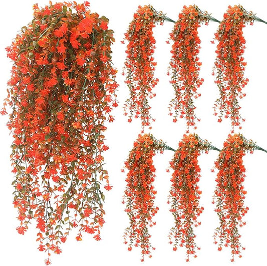 6 Pcs Artificial Fall Hanging Flowers Outdoor Silk Mum Plants Autumn Decor Faux Violet with Eucalyptus Realistic UV Resistant Trailing Vine Thanksgiving Porch Yard(Fresh Color,Plastic Style)