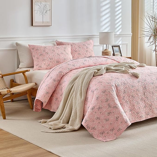mixinni 3 Pieces Queen Size Comforter Set, Vibrant Colors Pink Floral Bedspread Coverlet Set, Summer Quilted Bed Set for All Season-(Includes 1 Quilt, 2 Pillow Shams)