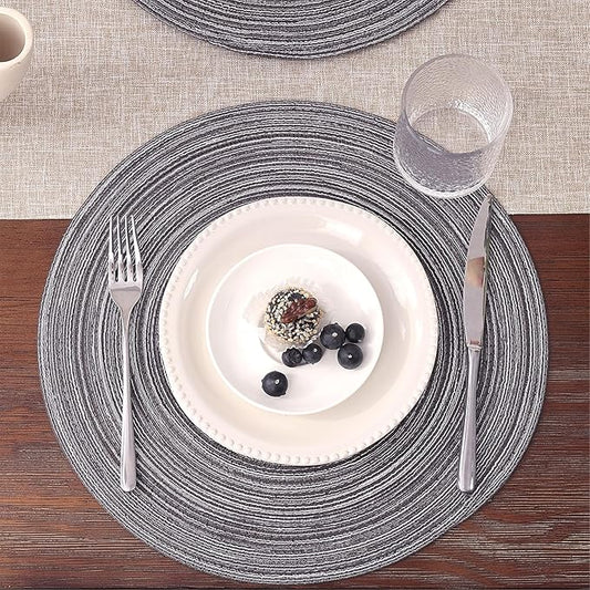 SHACOS Round Braided Placemats Set of 8 Round Table Mats for Dining Tables Non Slip Washable (Black Grey, 8)