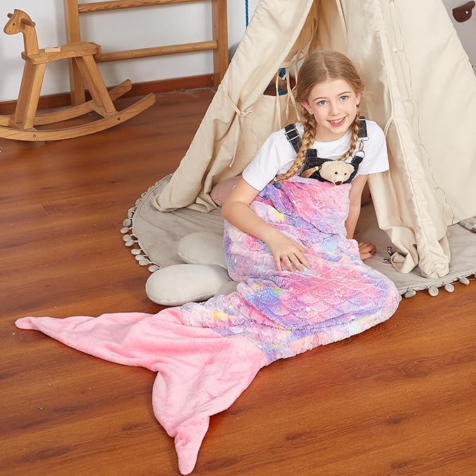 Catalonia Mermaid Tail Blanket for Girls, Glow in The Dark Mermaid Sleeping Bag, Stars and Moon Patterns Pattern, Gift Idea for Kids