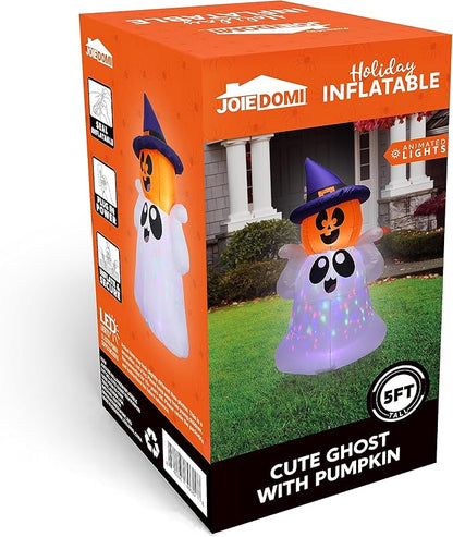 Joiedomi 5 FT Tall Halloween Inflatable Outdoor Decor, Blow Up Yard Decoration Ghost with Colorful LEDs, Inflatable Ghost with Pumpkin Witch Hat for Halloween Outdoor Decoration