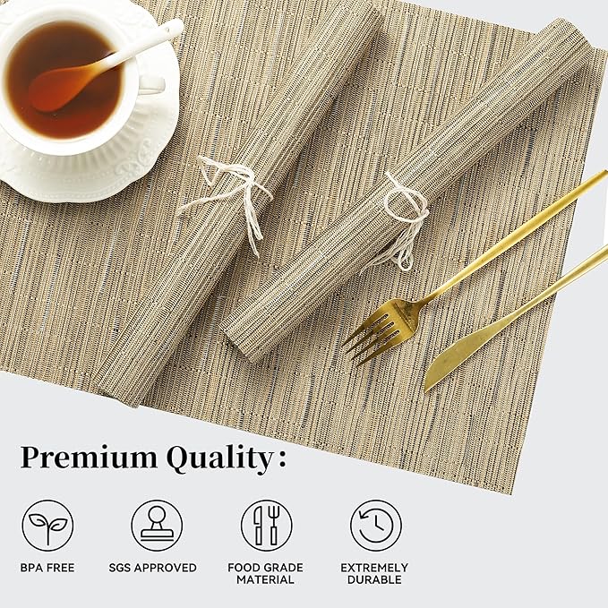 Leetaltree Light Brown Placemats Set of 8 - Heat Resistant Non-Slip Place mats for Dining Table, Washable Durable PVC Vinyl Woven Table Mats（Light Brown, 8）
