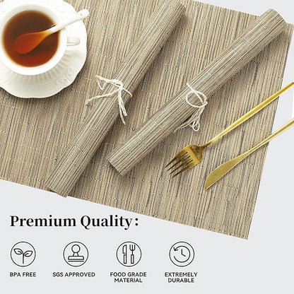 Leetaltree Light Brown Placemats Set of 8 - Heat Resistant Non-Slip Place mats for Dining Table, Washable Durable PVC Vinyl Woven Table Mats（Light Brown, 8）