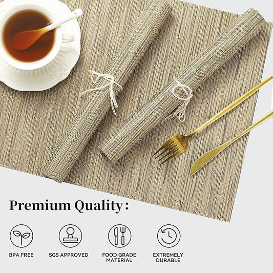 Leetaltree Light Brown Placemats Set of 8 - Heat Resistant Non-Slip Place mats for Dining Table, Washable Durable PVC Vinyl Woven Table Mats（Light Brown, 8）
