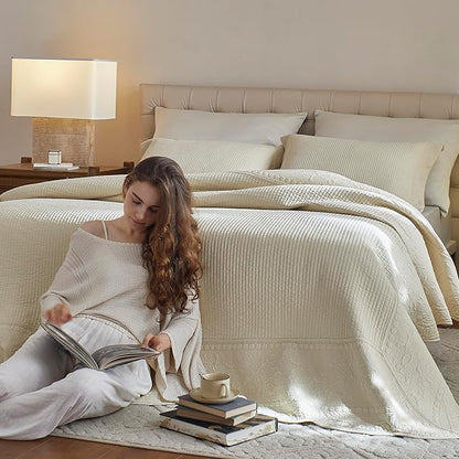 MarCielo 3-Piece 100% Cotton Oversized Bedspread Lightweight Quilt Coverlet Embroidery Farmhouse Bedding Set (TG Yellowish Beige, Oversized Queen (100"x106"))