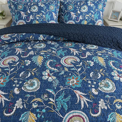 NEWLAKE Quilt Set King Size, Bedspread Sets Blue Botanical Floral Patterns, Reversible Quilt Bedding Set Lightweight and Breathable for All Seasons, Soft Quilted Bedspread with 2 Pillow Shams