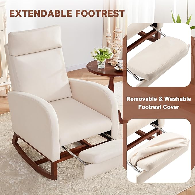 Rocking Chair Nursery Chair with Foot Rest, Nursery Rocking Chairs with High Back, Glider Rocking Chair, Baby Nursery Glider Rocker, Nursing Chair Accent Living Room, Beige with Blanket