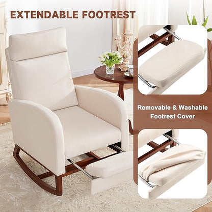 Rocking Chair Nursery Chair with Foot Rest, Nursery Rocking Chairs with High Back, Glider Rocking Chair, Baby Nursery Glider Rocker, Nursing Chair Accent Living Room, Beige with Blanket
