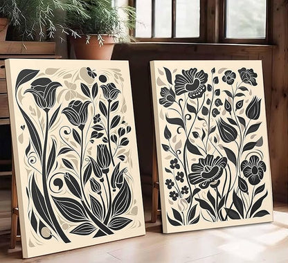 2 Pcs Boho Abstract Floral Canvas Wall Art Modern Minimalist Neutral Beige and Black Floral Botanical Wall Decor Poster Print Artwork for Living Room Bedroom Office Home Decoration