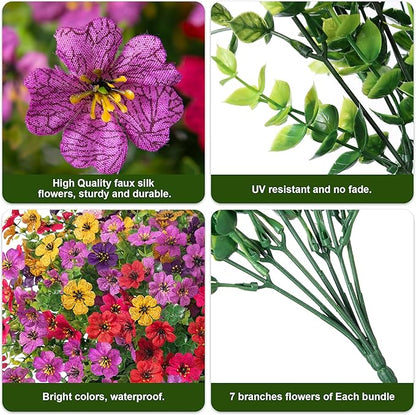 Artificial Flowers for Outdoor Indoor Garden Home Decoration, Faux Flower Daisy with Eucalyptus Leaves Fake Plants Greenery Boxwood Porch Patio, 12 Bundles (6 Multicolor)