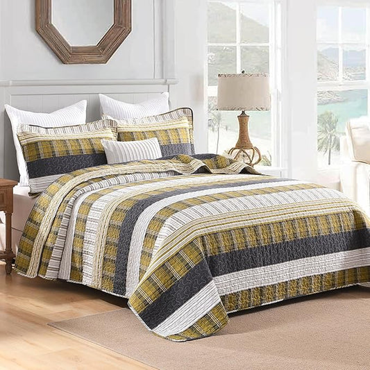 Homzard Queen Comforter Set，Cotton Quilts Queen Size，Amber Green Black Bedding，Plaid Striped Bedspread，Lightweight Reversible Coverlet 3 Pieces