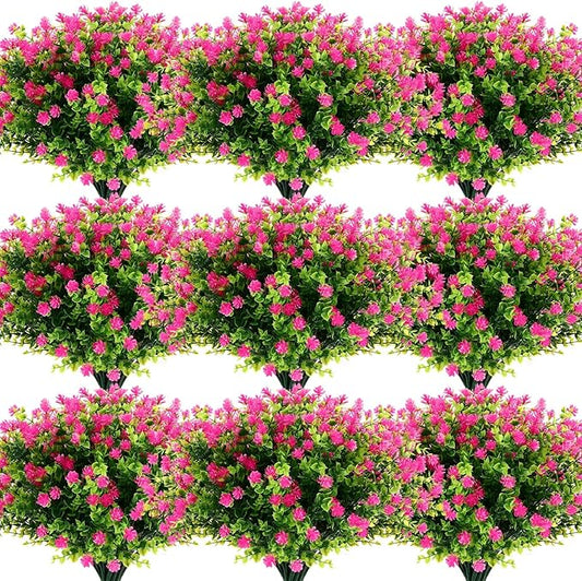 Hoteam 50 Bundles Outdoor Artificial Flowers Plants UV Resistant Outside Faux Flowers Plastic Fake Plants Outdoor Summer Fall Seasons Decoration Shrubs Garden Porch Box, Rose red