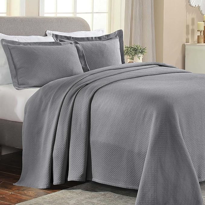 Superior Solitaire Cotton 3 Piece Bedspread Set, Home Bed Decor, Decorative Textured Bed Spread, 2 Pillow Shams, Airy Blanket, Matelasse Coverlet Bedding, All-Season Accent Blanket, Queen, Grey