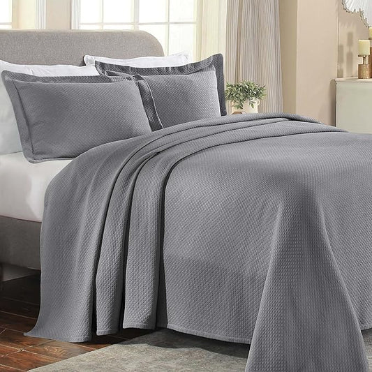 Superior Solitaire Cotton 3 Piece Bedspread Set, Home Bed Decor, Decorative Textured Bed Spread, 2 Pillow Shams, Airy Blanket, Matelasse Coverlet Bedding, All-Season Accent Blanket, Queen, Grey