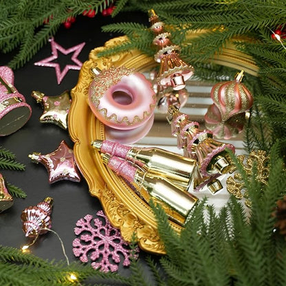 SHareconn 70pcs 2025 Classic Christmas Balls Ornaments Set, Shatterproof Plastic Baubles, Ribbon and Tree Topper for Xmas Tree Holiday Wedding Party Decorations with Hanging Strings, Pink and Gold