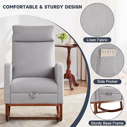 Rocking Chair Nursery Chair with Foot Rest, Nursery Rocking Chairs with High Back, Glider Rocking Chair, Baby Nursery Glider Rocker, Nursing Chair Accent Living Room Grey with Blanket